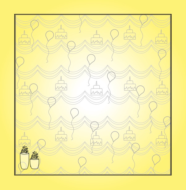 Party Colour & Create Keepsake - p26 - Yellow coloured page with watermark background of balloons, streamers & cakes