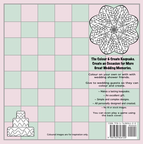 Wedding Colour & Create Keepsake - Book Cover-Back - board game appearance - in pink and green with tiered cake image and diamond pattern mandala