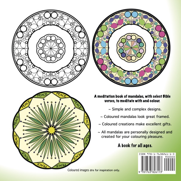 Peace & Unity Colour & Meditate - Book Cover-Back - Two coloured mandalas & one black & white