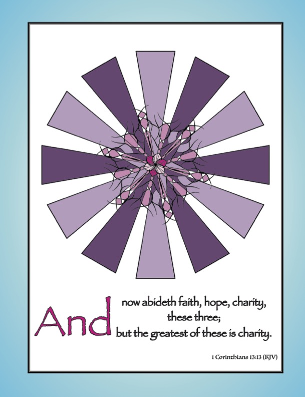 Faith, Hope, Love Colour & Meditate - Book Cover-inside right - Bible passage with coloured geometric mandala on white background with blue border