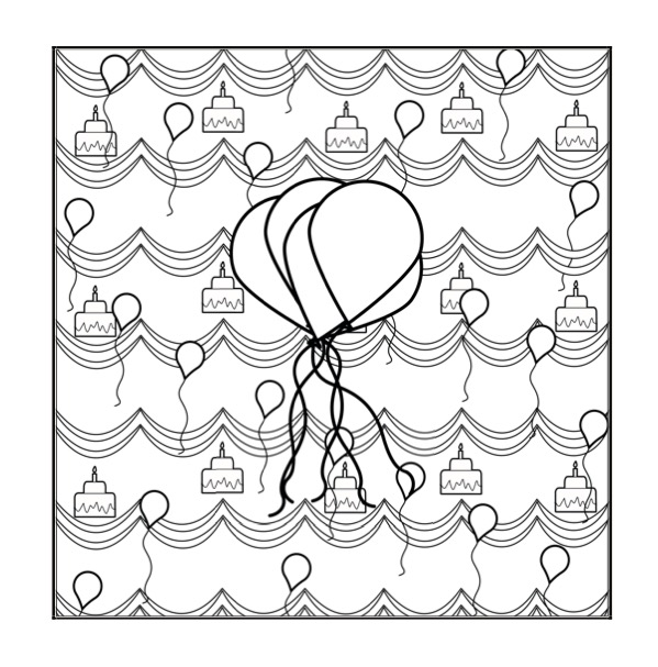 Party Colour & Create Keepsake -p9 - Black & white image of bunch of balloons with background of balloons, streamers & cakes