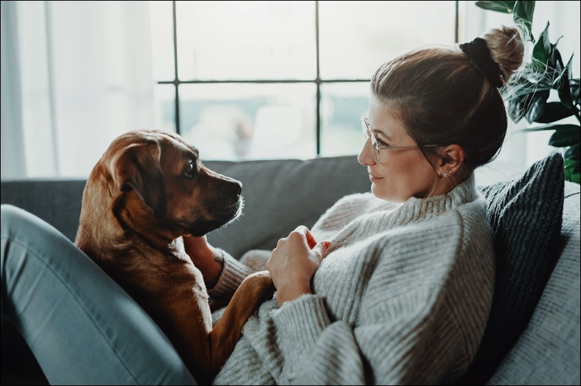 Young woman reclining on a couch with a dog on her lap